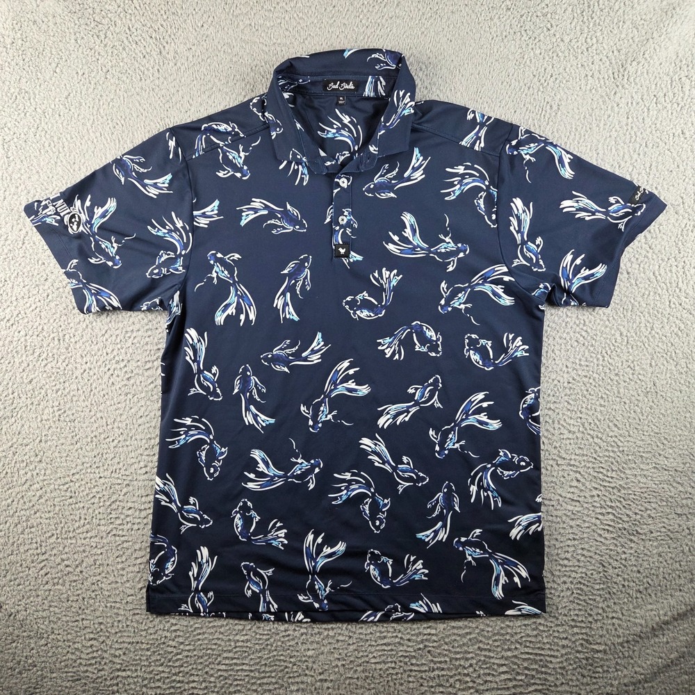 Bad Birdie Polo Shirt Mens XL The Shallows Navy Koi Print Stretch Breathable